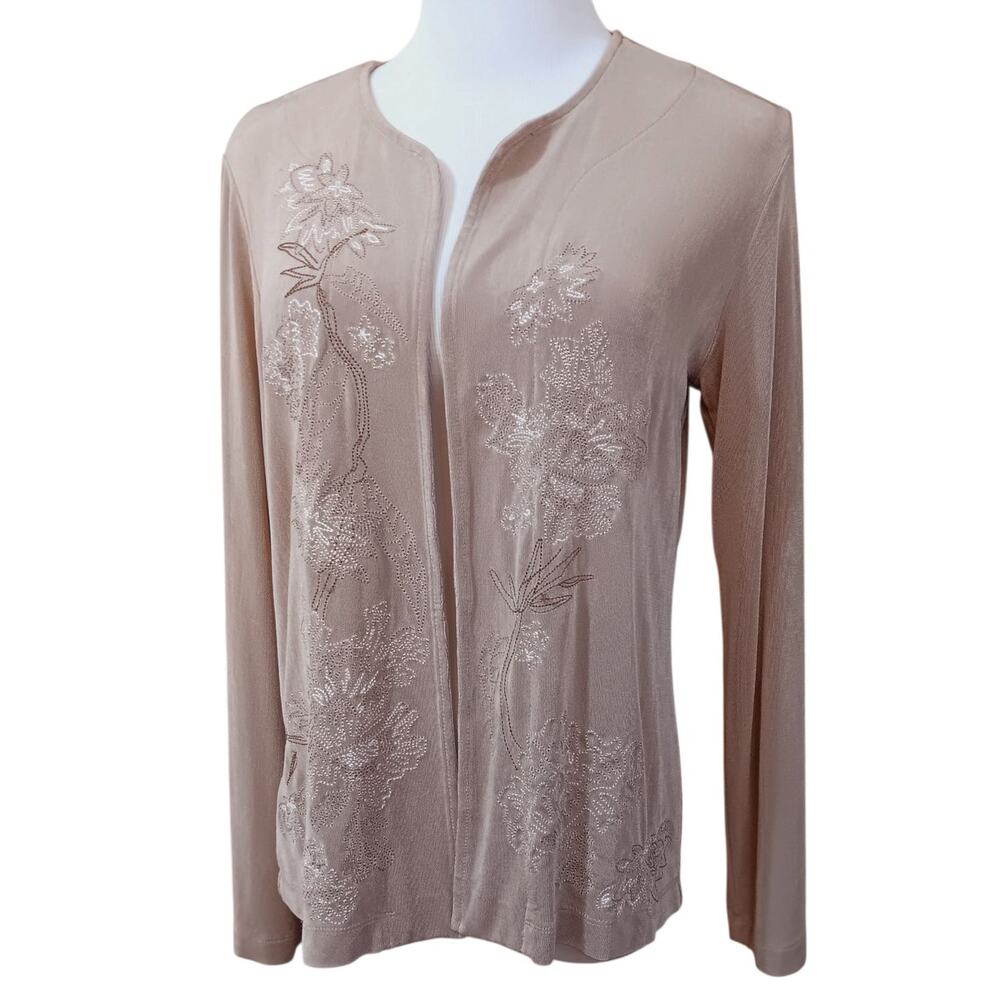 CHICO'S‎ Travelers 1 Slinky Open Jacket Top M/8 Floral Embroidered Beige Tan